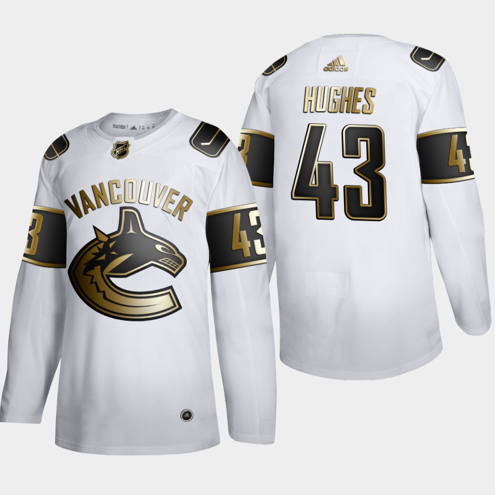 Cheap Men Vancouver Canucks 43 Quinn Hughes Adidas White Golden Edition Limited Stitched NHL Jersey